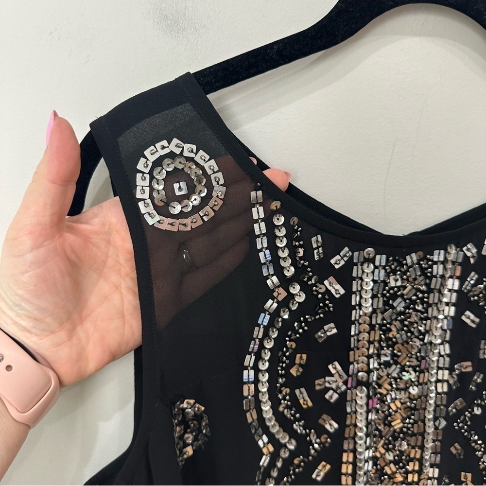Adrianna Papell Beaded Mosiac Dress Black Silver Sleeveless Cocktail Evening - Picture 6 of 11